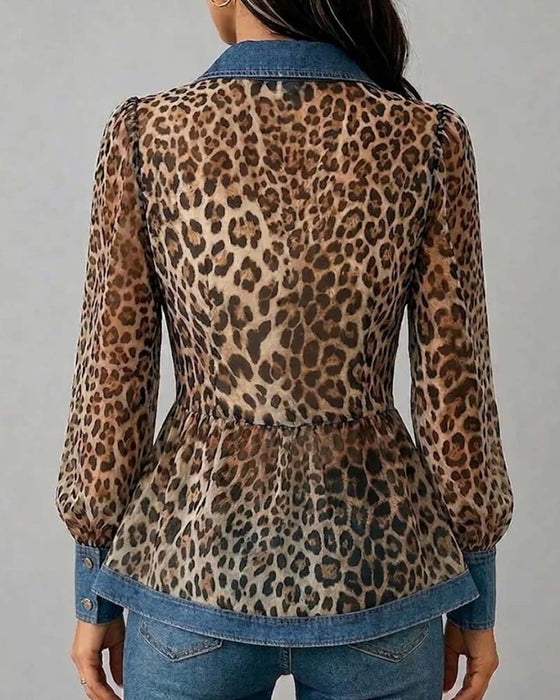 Blouse Denim Luipaard Patchwork Getailleerd