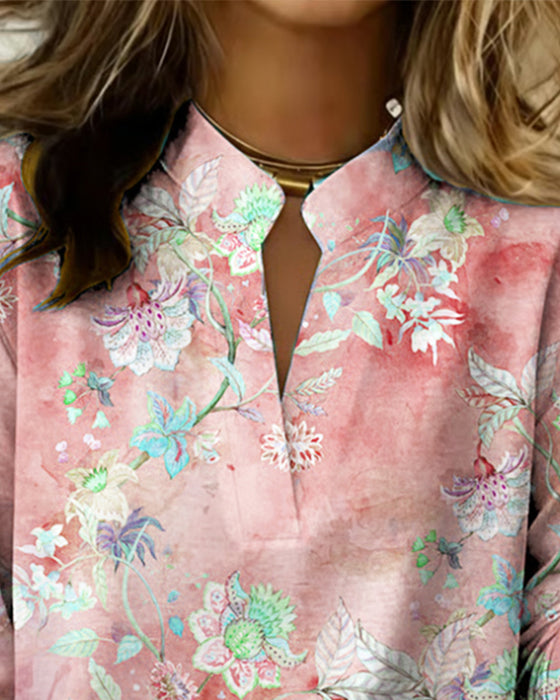 Blouse Opstaande Kraag Lange Mouw Bloemen