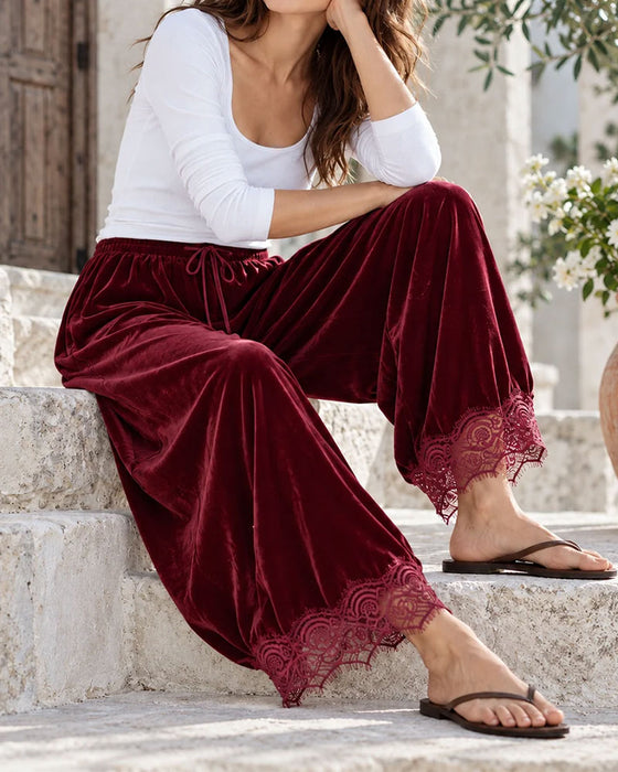 Broek Elastische Taille Kant Stiksel Wijd Been