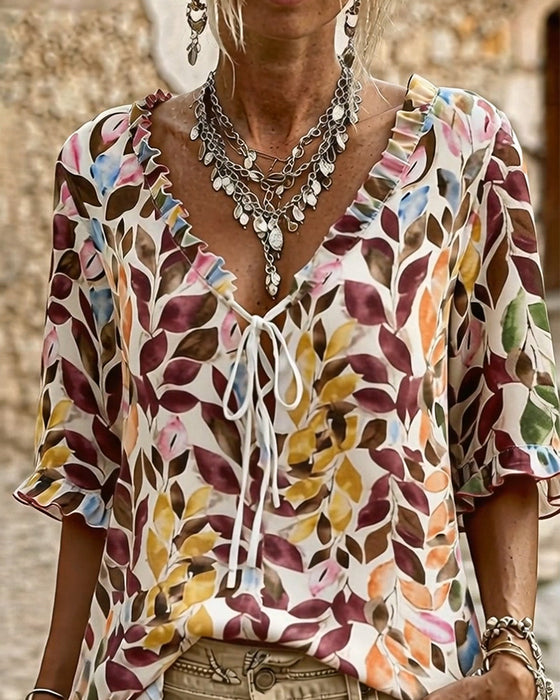 Casual Bedrukte Blouse Met Ruche Mouwen