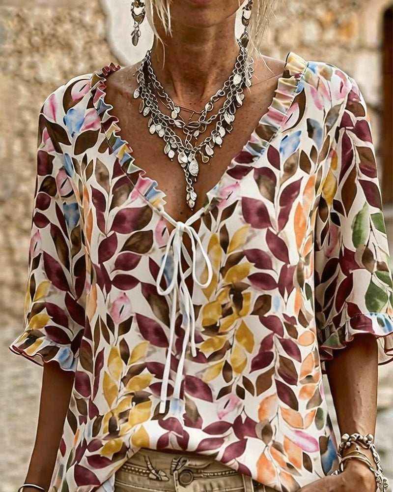 Casual Bedrukte Blouse Met Ruche Mouwen