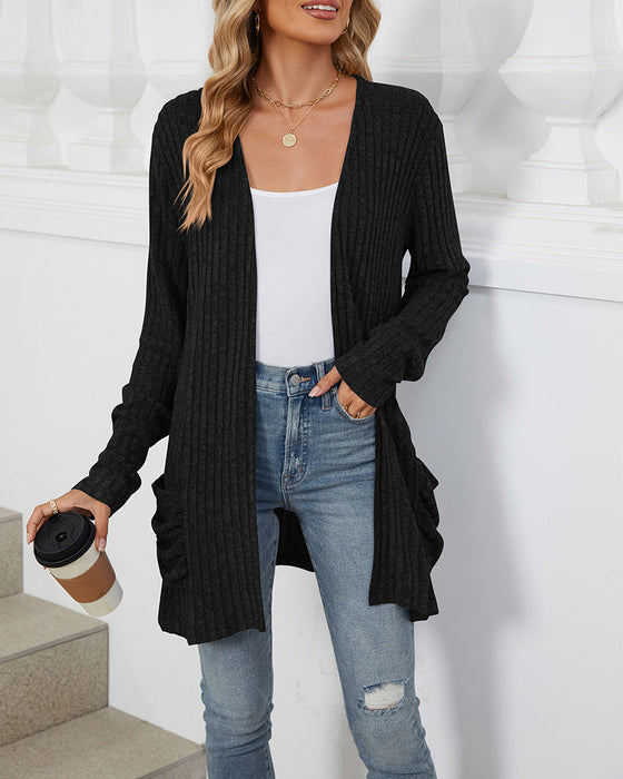 Casual effen kleur cardigan met lange mouwen en zak