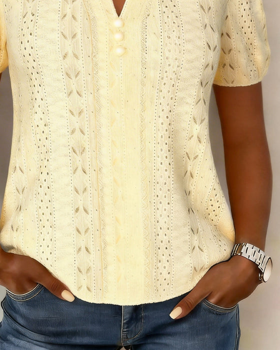 Blouse V-Hals Parel Knoop Bel Mouw