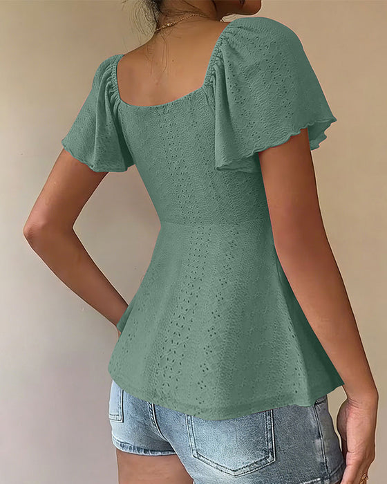 Blouse Doorgebroken Trekkoord Korte Mouw Effen