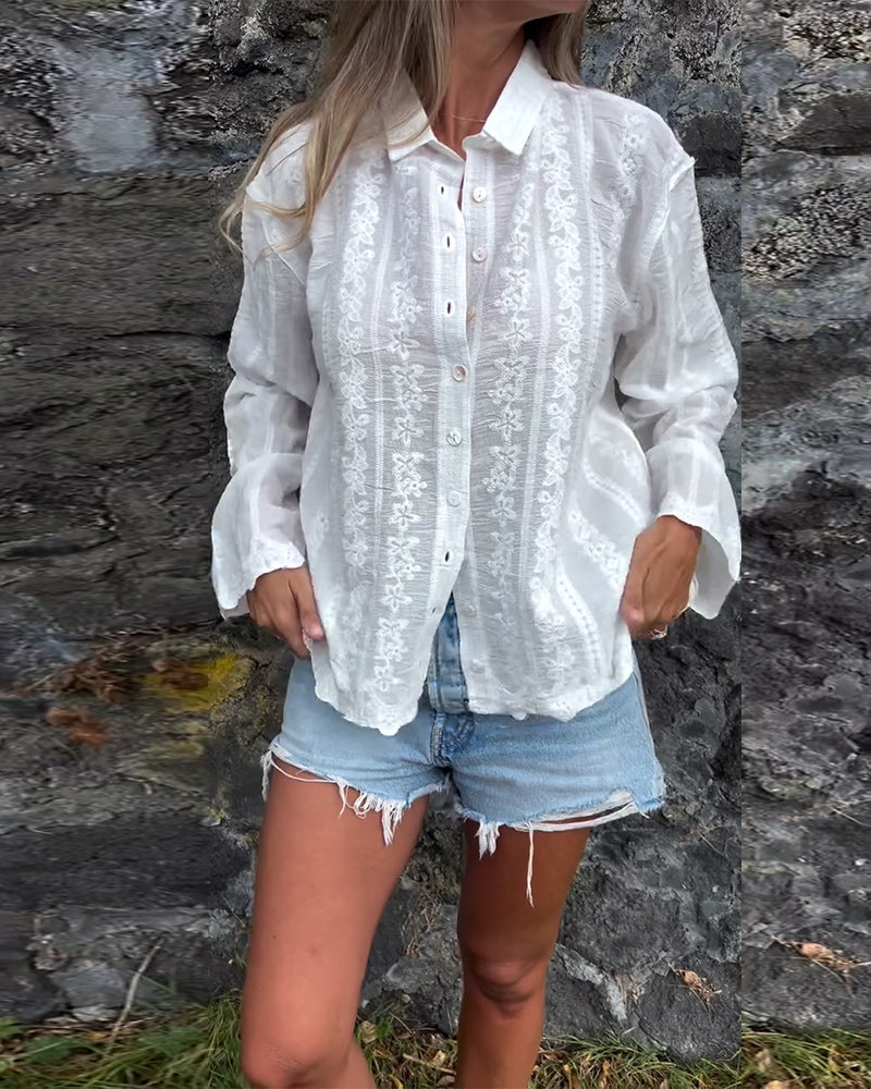 Shirt Geborduurd Uitholling Polo Kraag Casual