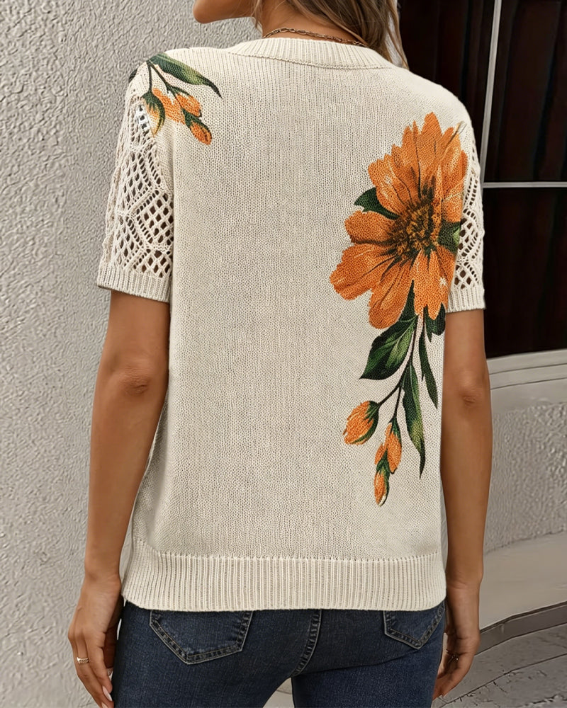 Pullover V-Hals Gebreid Bloemen