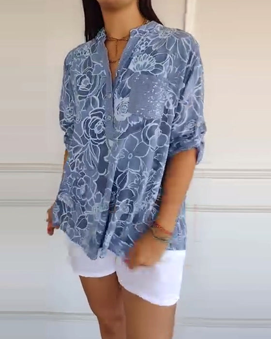 Blouse V-hals Met Knopen Bedrukt