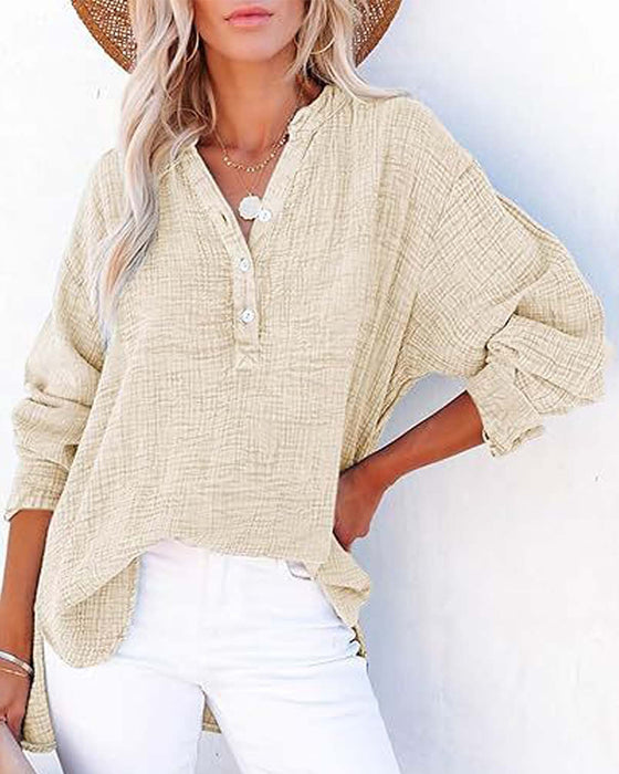 Blouse Geplooid Knoop Lange Mouw