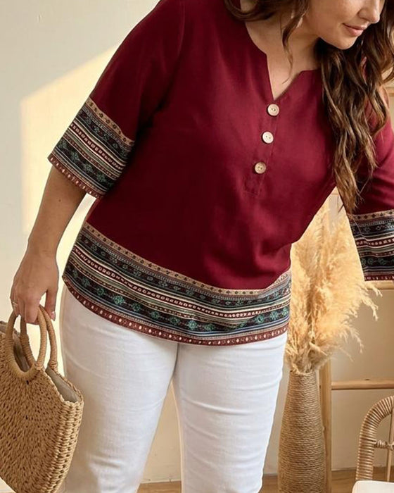 Blouse Etnische Stijl Gestreept Driekwart Mouw