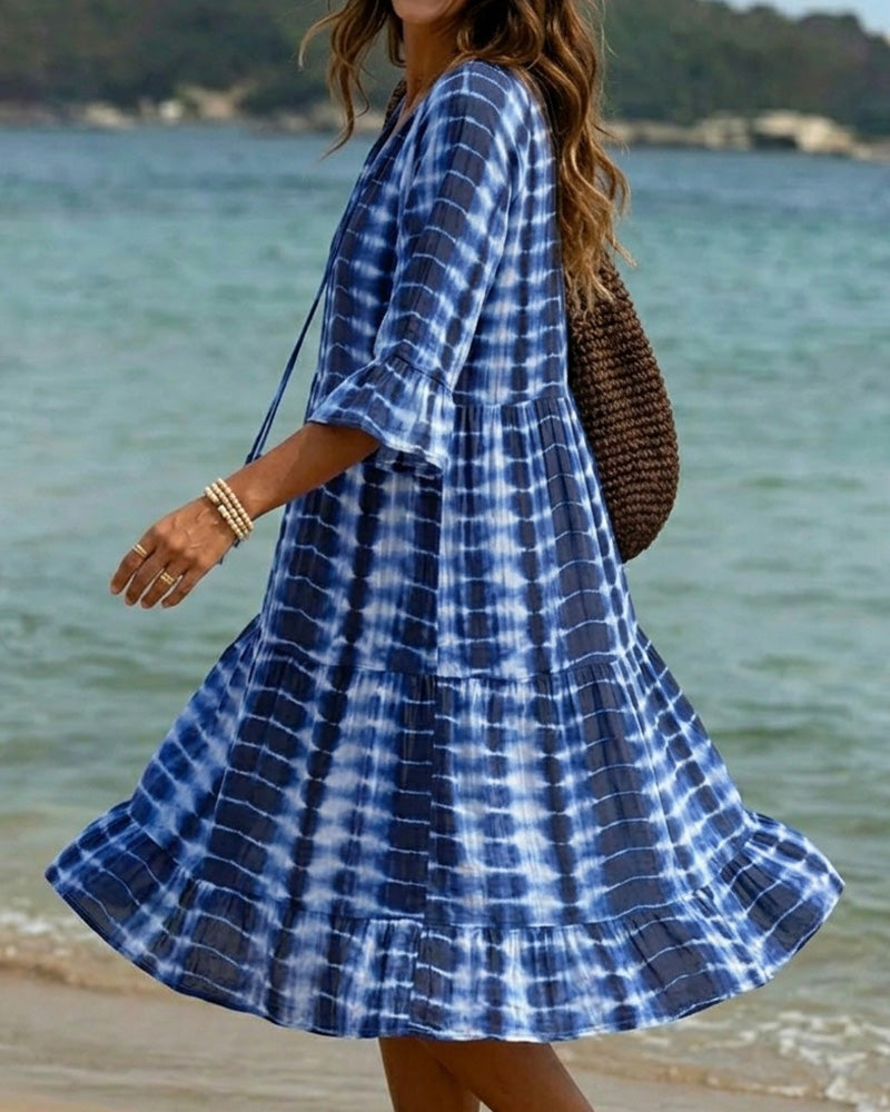 Jurk V-Hals Blauwe Toon Print