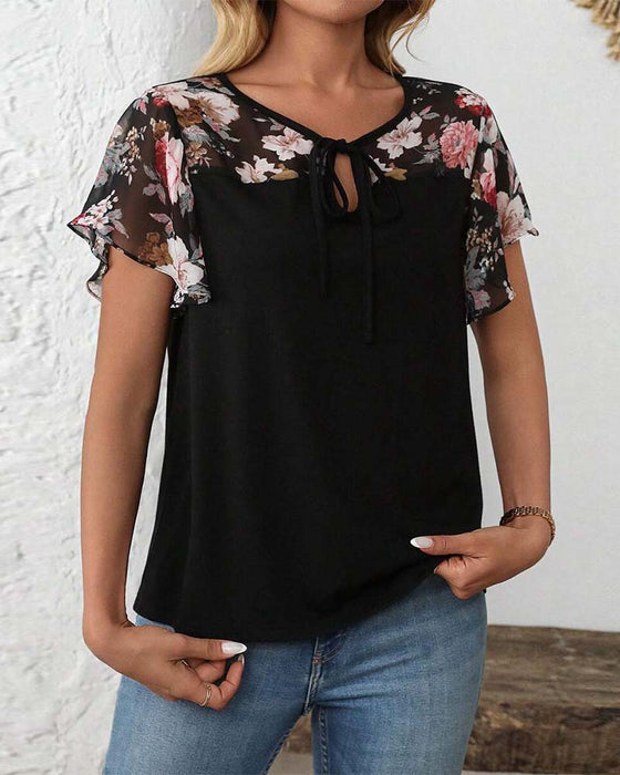 Blouse Korte Mouwen Vetersluiting Bedrukt