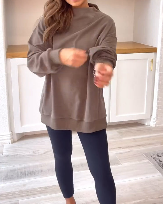 Retro effen kleur sweatshirt met split en opstaande kraag
