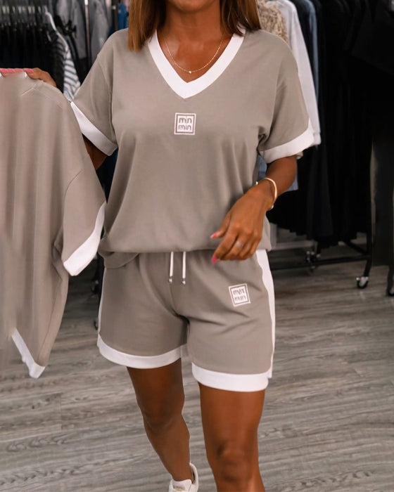 Set V-Hals Contrastbedrukt Kortmouwen Shorts