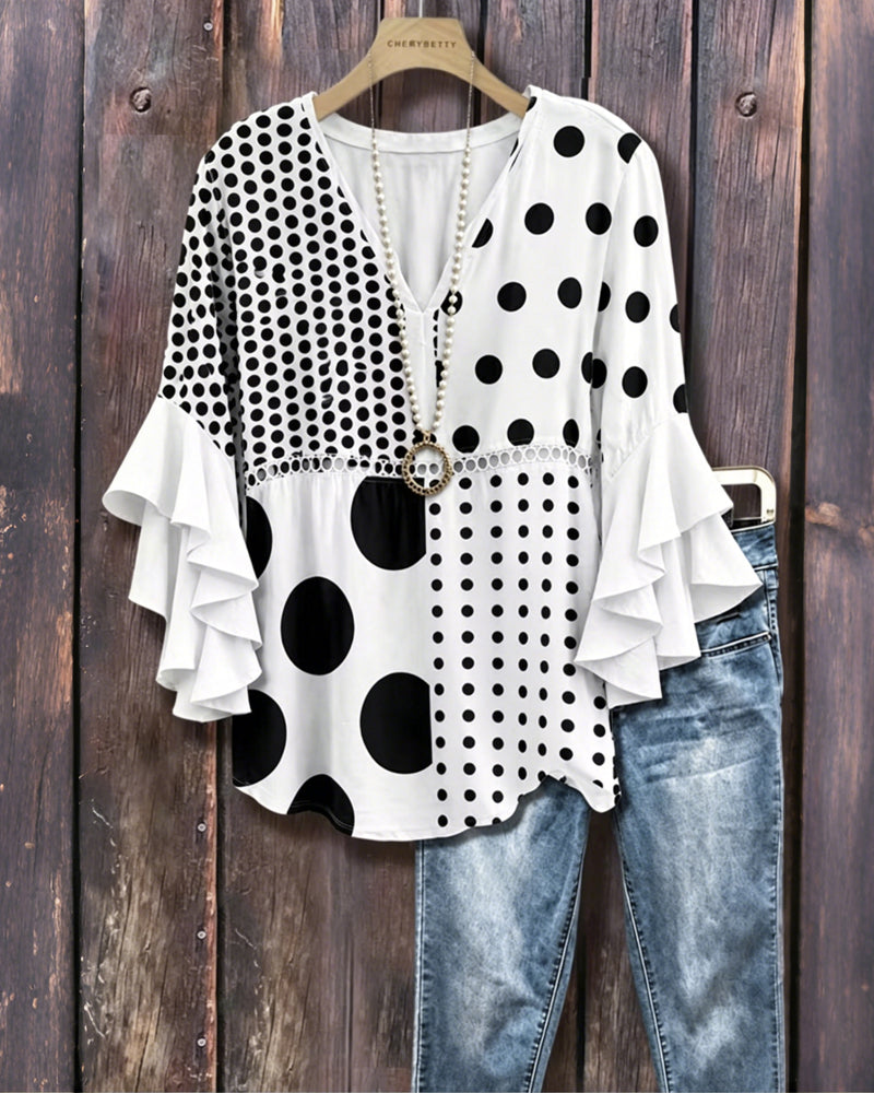 Blouse Gemengde Stip Patchwork Ruffle