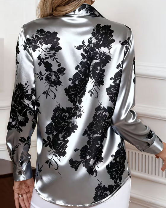 Blouse Kraag Kleurblok Gedrapeerd Lange Mouw