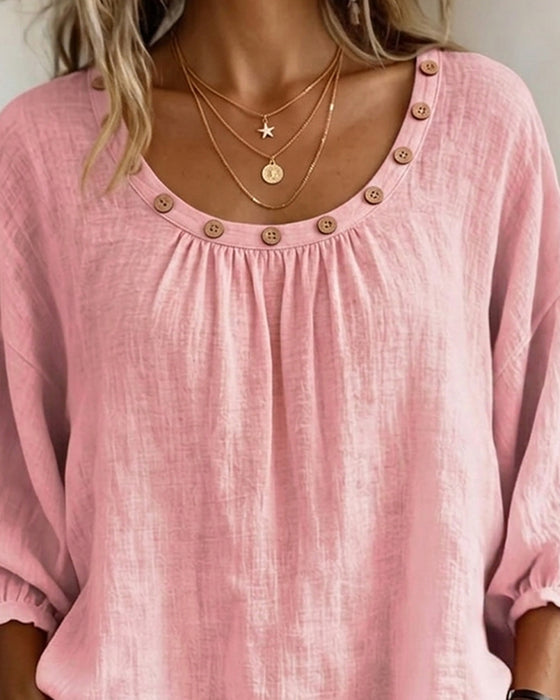 Blouse Ronde Hals Knoop Los