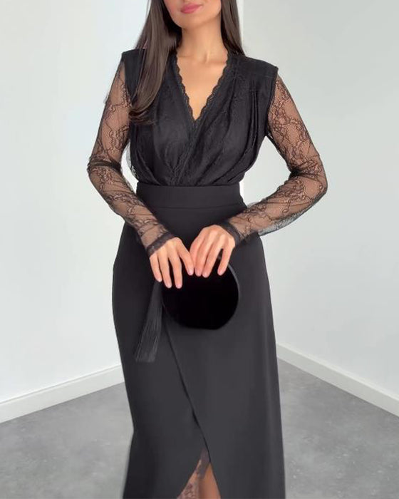 Tweedelig Set Met V-Kraag Kant Top, Asymmetrische Midirok En Elegante Stil