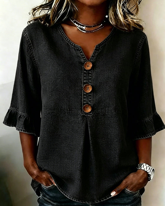 Blouse V-Hals Uitlopende Mouw Denim