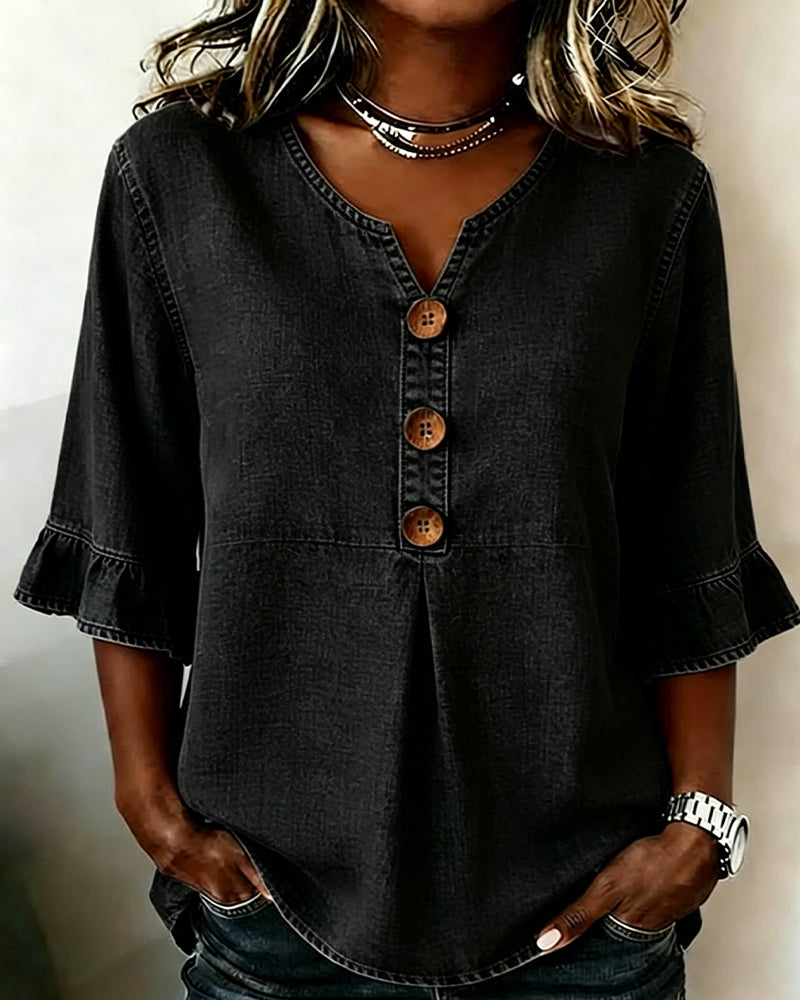 Blouse V-Hals Uitlopende Mouw Denim
