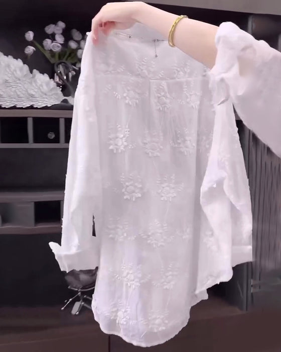 Shirt Effen Geborduurd Vallende Schouder