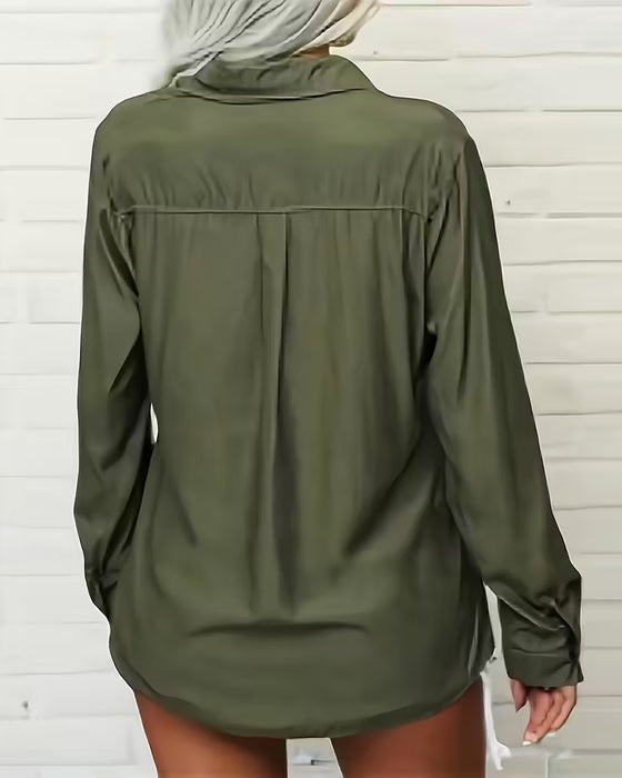 Vrouwen Overhemd Met Dubbele Zak Detail, Eenvoudige Kleur Ontwerp