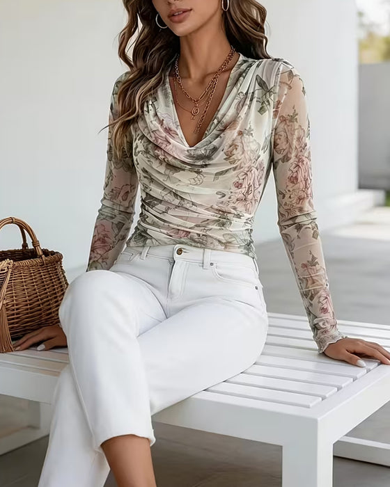 Blouse Gerimpelde Hals Bloemenprint Geplooid