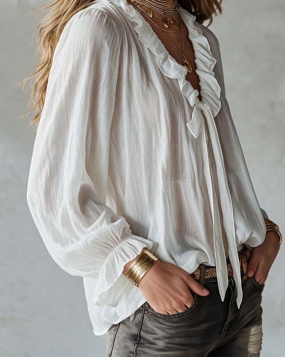 Blouse V-Hals Veters Ruches Lange Mouw