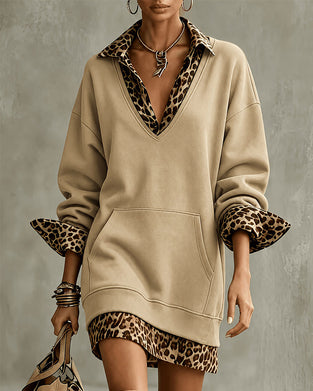 Jurk Kraag V-Hals Luipaardprint Sweatshirt