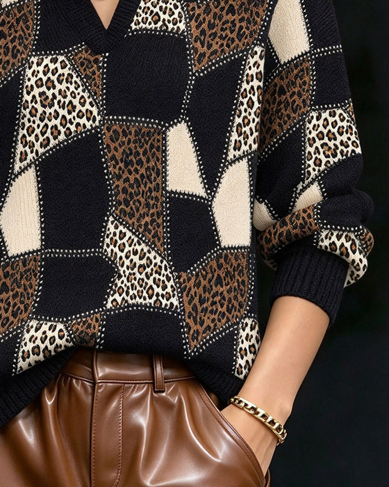 Pullover Met Kraag V-Hals Luipaardprint Kleurblok