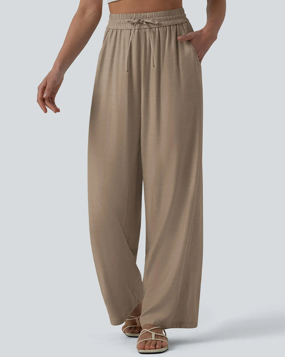 Broek Elastische Taille Breed Been Stropdas Casual
