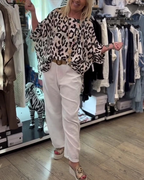 Blouse Met Ronde Hals Luipaardprint Los