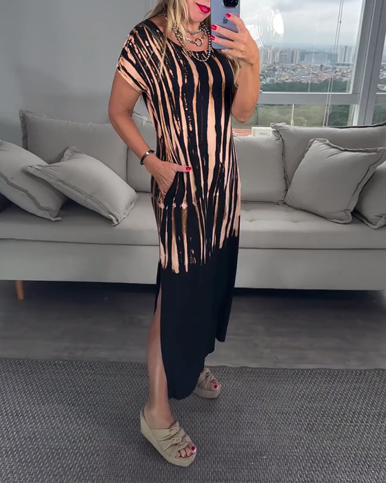 Jurk casual korte mouwen split ronde hals bedrukt