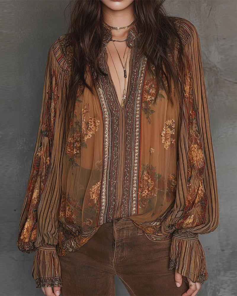 Blouse V-Hals Boho-Stijl Bloemig
