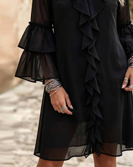 Jurk Ruffle Flare Mouw V-Hals