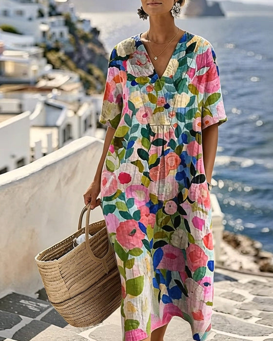 Jurk Aquarel Bloemen V-Hals