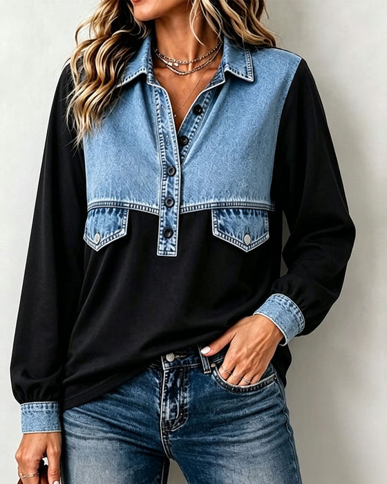 Sweatshirt Overhemdkraag Zak Patchwork