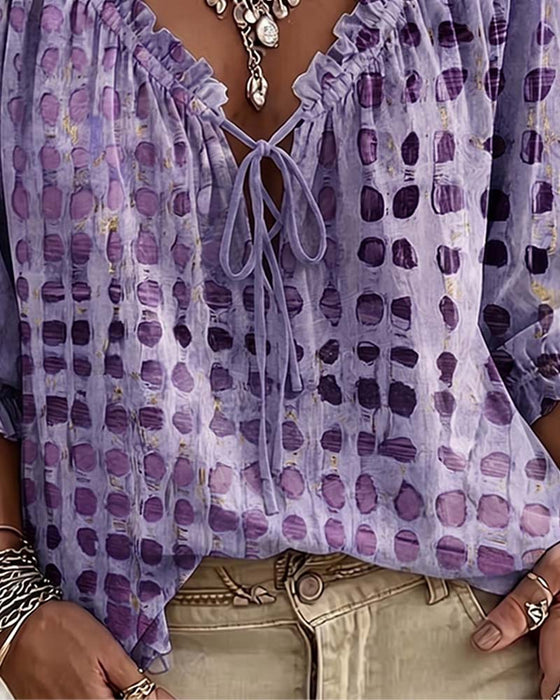 Blouse Stippenpatroon Met Vetersluiting