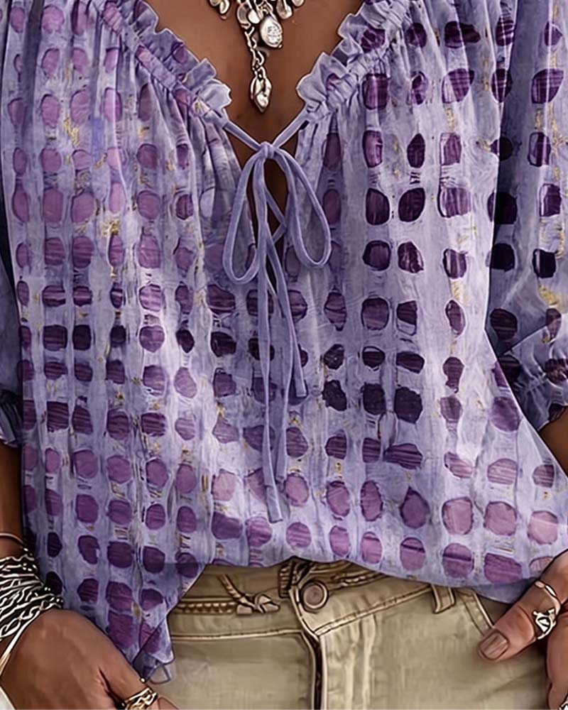 Blouse Stippenpatroon Met Vetersluiting