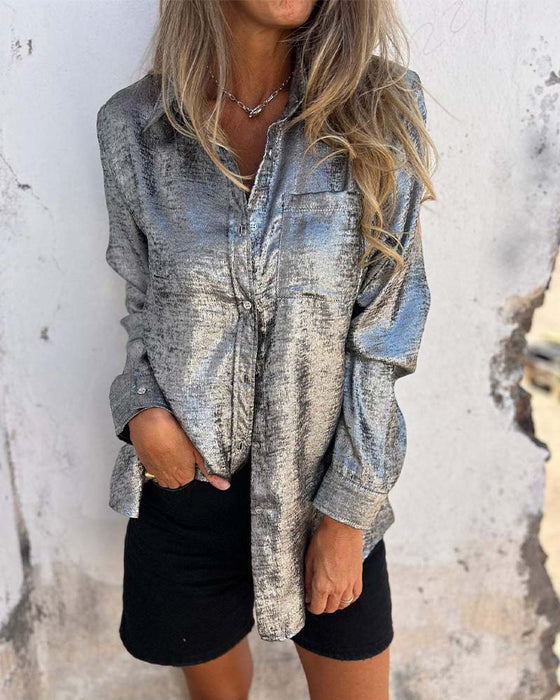 Blouse Lange Mouwen Fijne Shimmer Zak Knoopsluiting