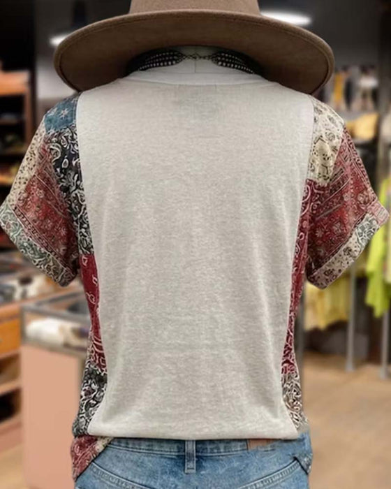 T-Shirt V-Hals Korte Mouw Patchwork
