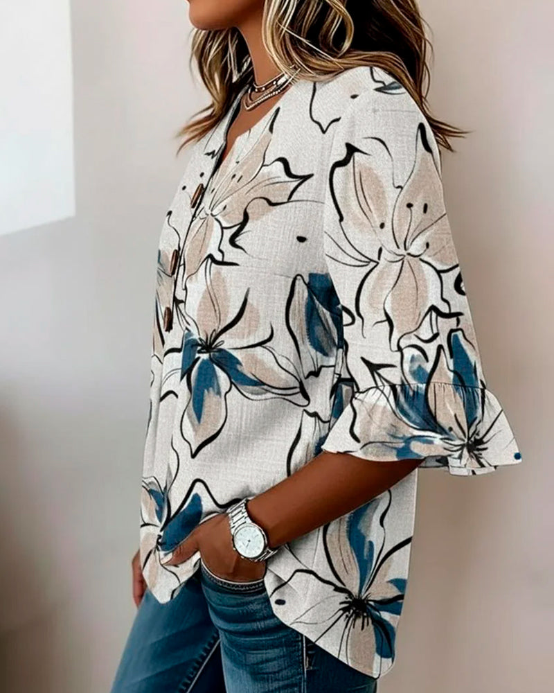 Blouse V-Hals Bloemen Ruche 3/4-Mouw