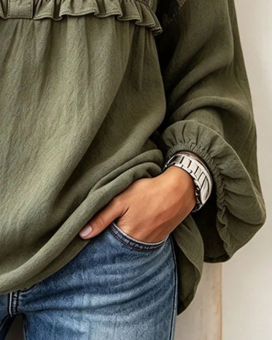 Top Camo Patchwork Ruche Rand V-Hals