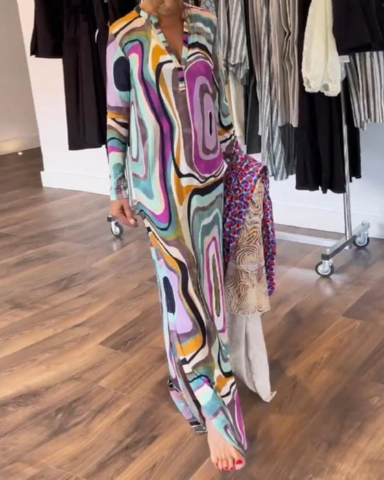 Jurk met diepe V-print en lange zoom