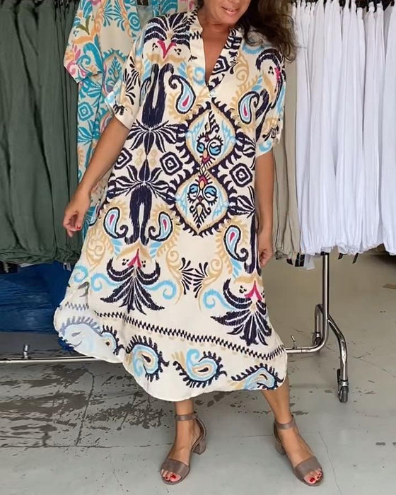 Boheemse losse jurk met V-hals en halve mouwen