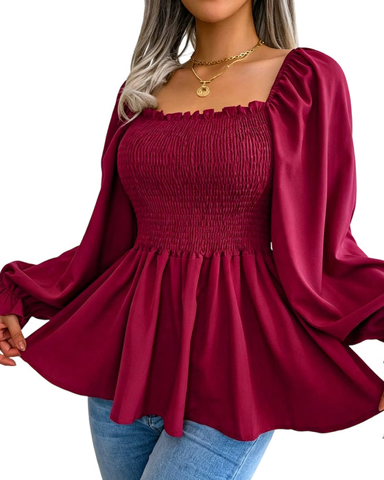 Blouse Ruche Vierkante Hals Lange Mouw