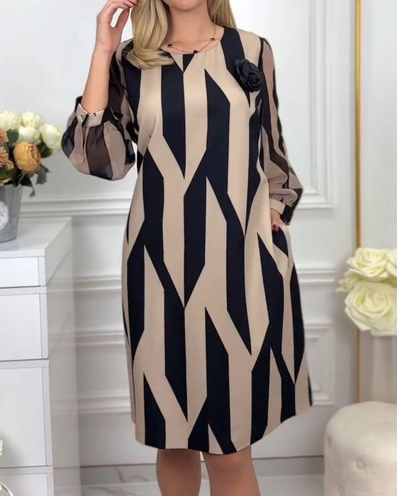 Jurk Ronde Hals Lantaarn Mouw Bedrukt