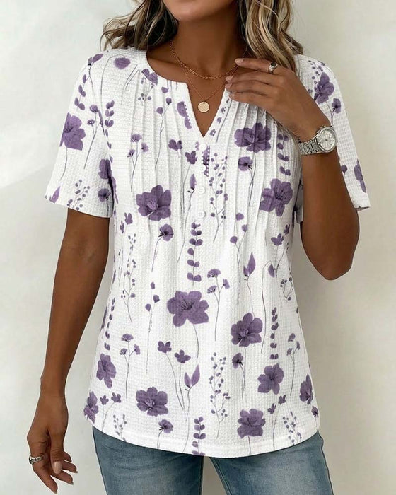 T-Shirt Wafel V-Hals Bloemen
