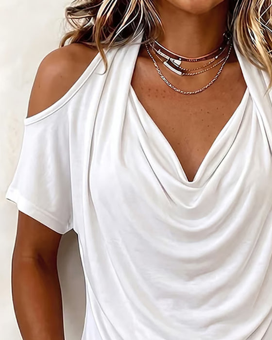 T-Shirt Halter Off-Shoulder Gedrapeerd Korte Mouw