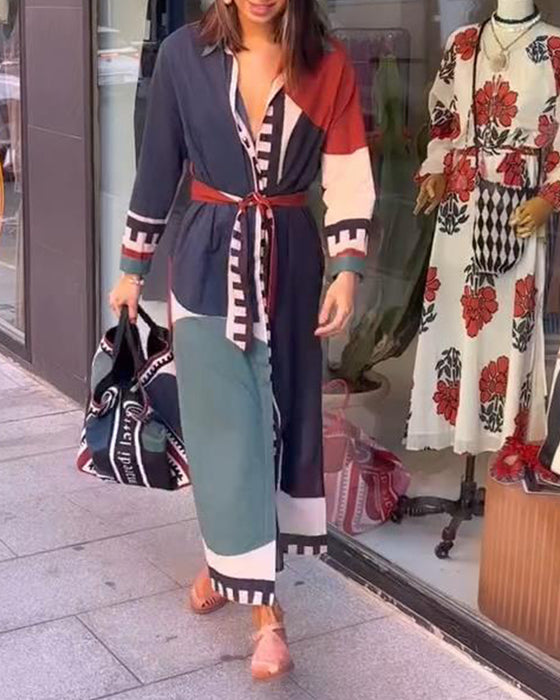 Casual color block print jurk met revers en veter