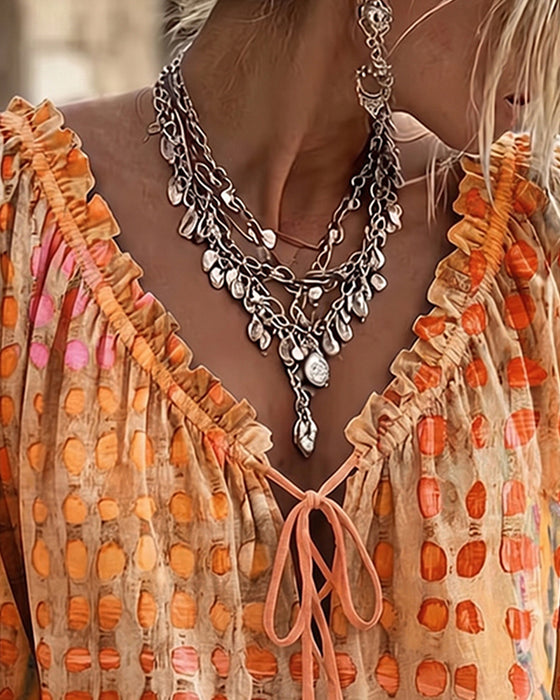Blouse Stippenpatroon Met Vetersluiting